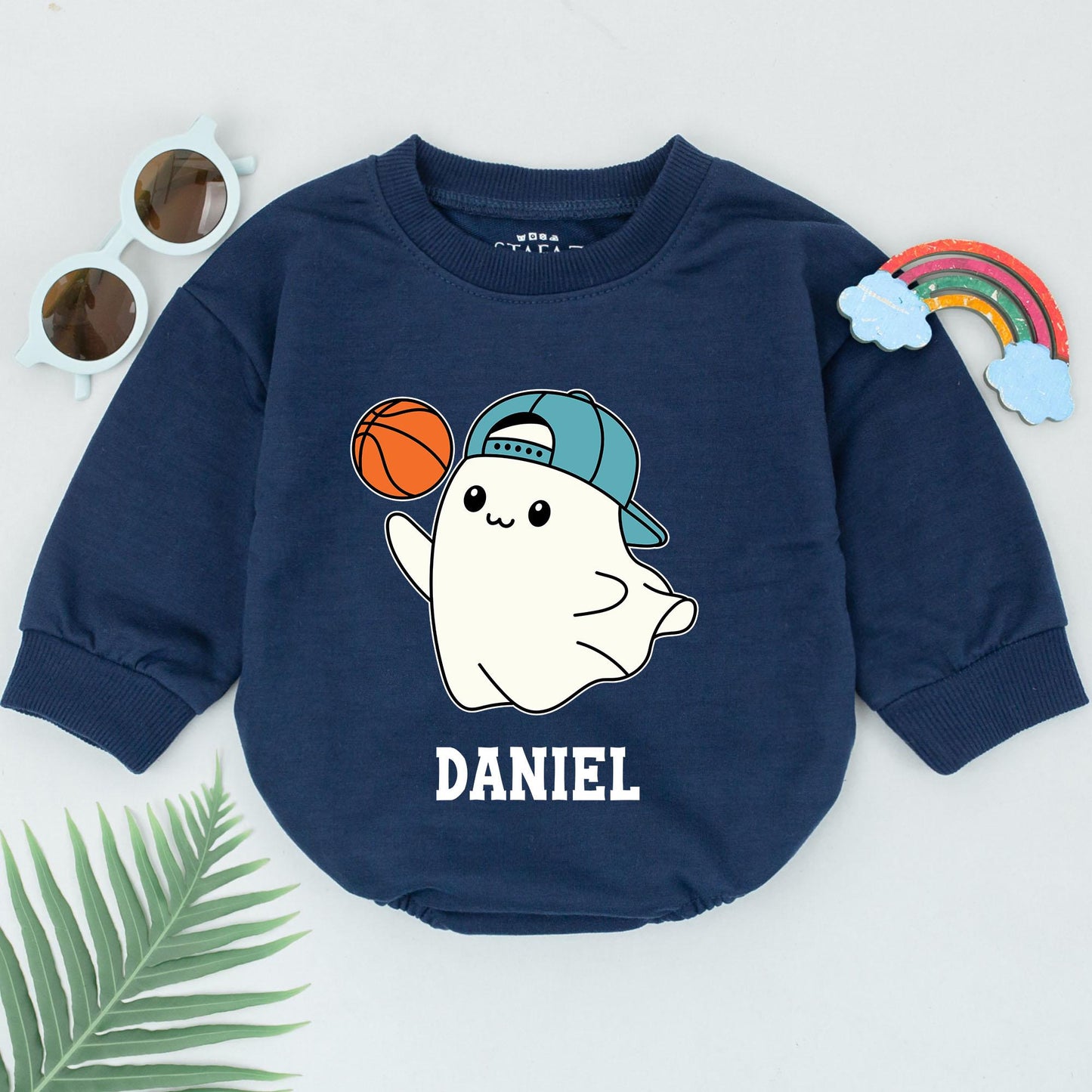 Basketball Ghost Baby Romper: 1st Halloween Bodysuit for Boys