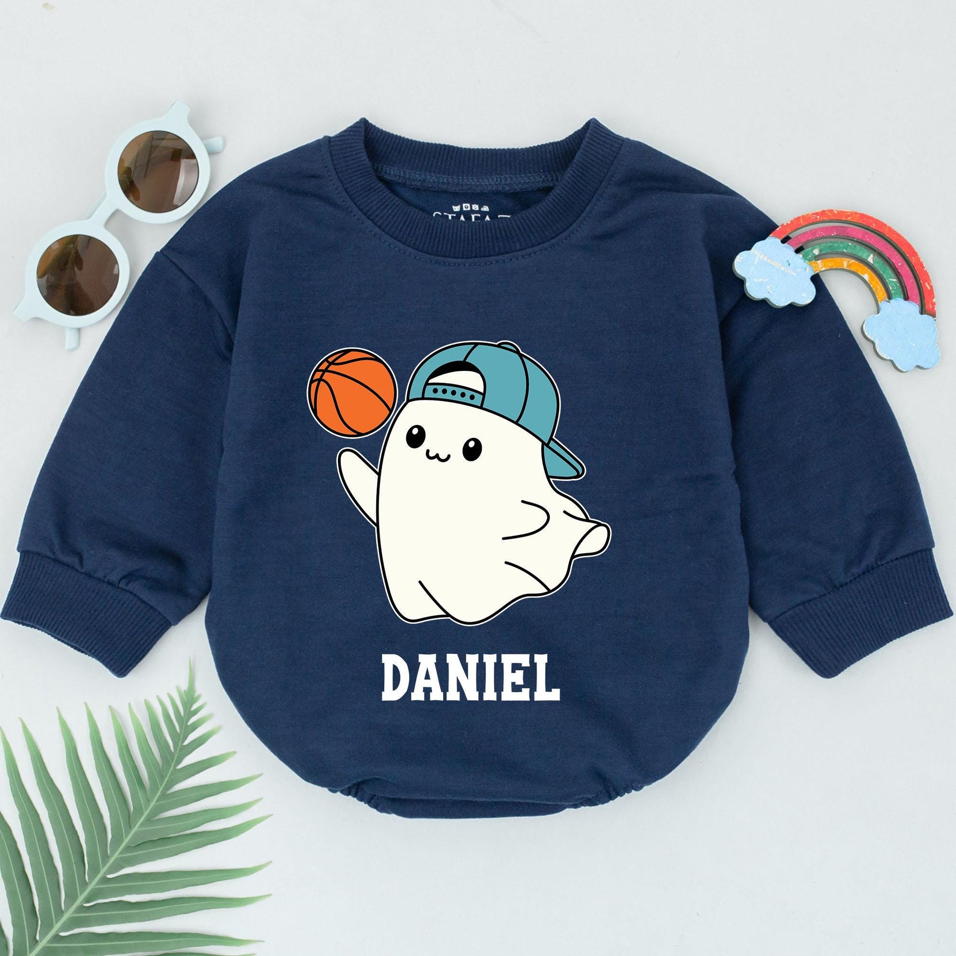 Personalized Baby Boy Ghost Basketball Romper for First Halloween Game Day Fun with Cute Blue Cap and Orange Ball Playful Sporty Infant Bodysuit Fall Boo