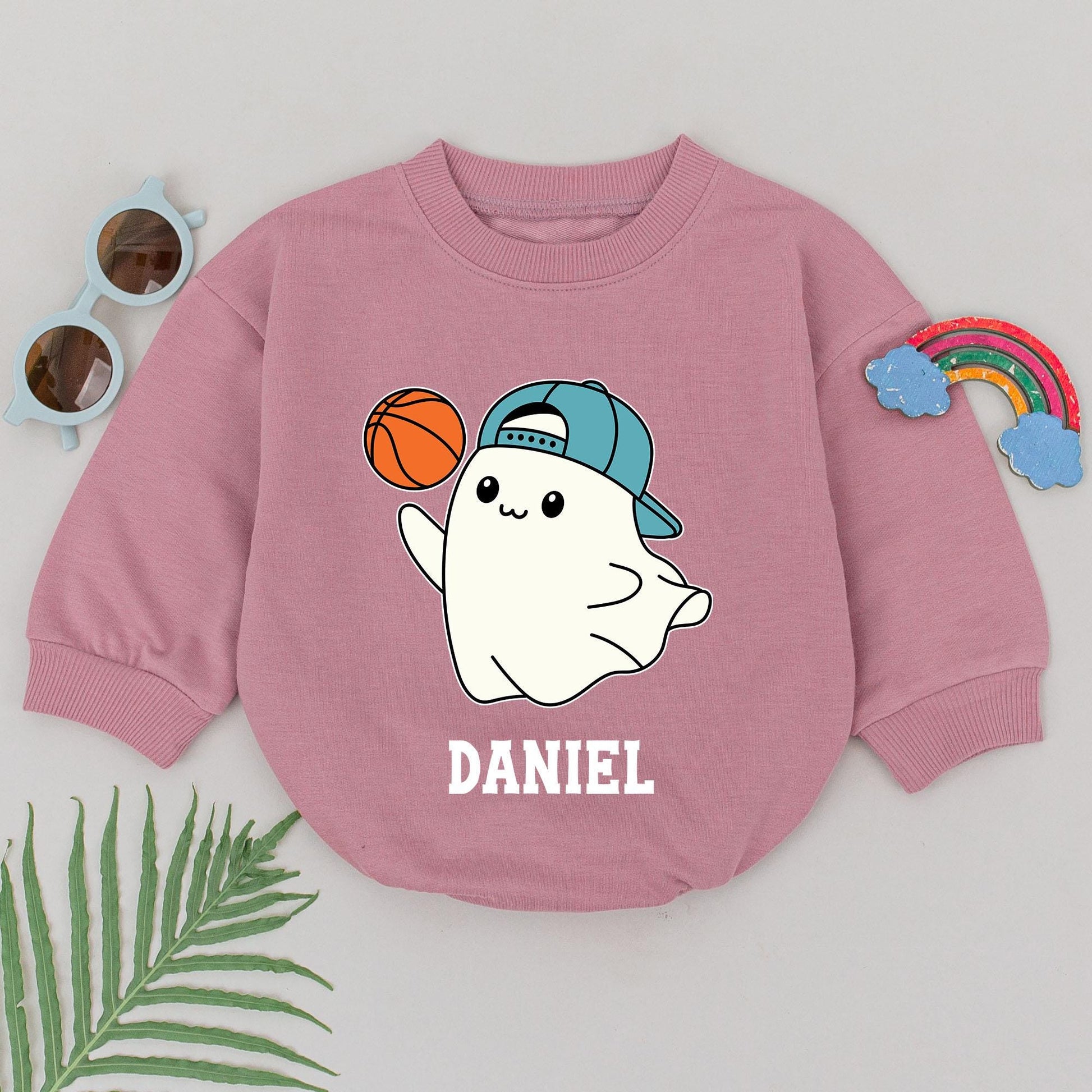 Personalized Baby Boy Ghost Basketball Romper for First Halloween Game Day Fun with Cute Blue Cap and Orange Ball Playful Sporty Infant Bodysuit Fall Boo
