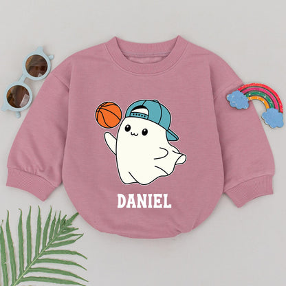 Personalized Baby Boy Ghost Basketball Romper for First Halloween Game Day Fun with Cute Blue Cap and Orange Ball Playful Sporty Infant Bodysuit Fall Boo