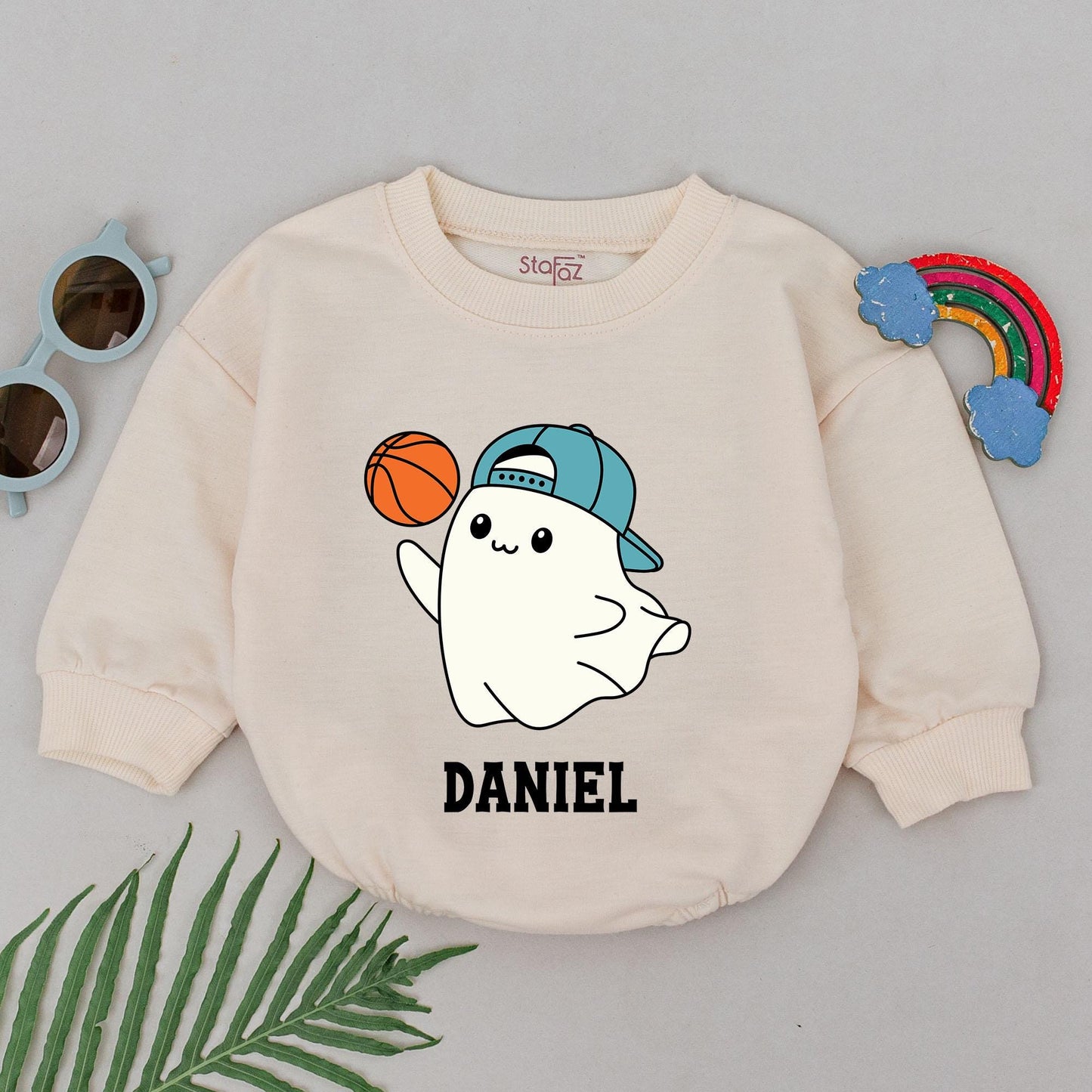 Personalized Baby Boy Ghost Basketball Romper for First Halloween Game Day Fun with Cute Blue Cap and Orange Ball Playful Sporty Infant Bodysuit Fall Boo
