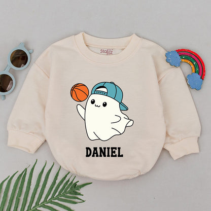 Personalized Baby Boy Ghost Basketball Romper for First Halloween Game Day Fun with Cute Blue Cap and Orange Ball Playful Sporty Infant Bodysuit Fall Boo
