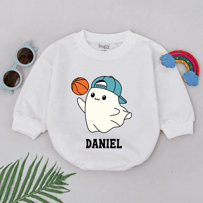 Basketball Ghost Baby Romper: 1st Halloween Bodysuit for Boys