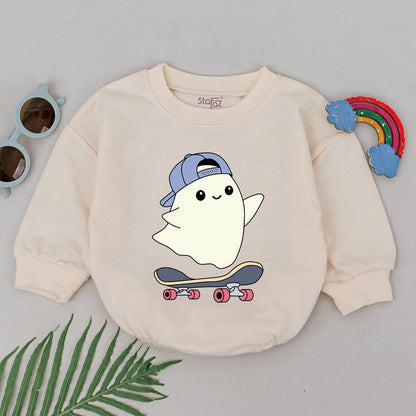 Ghostly Skateboard Baby Romper: First Halloween Outfit for Boys