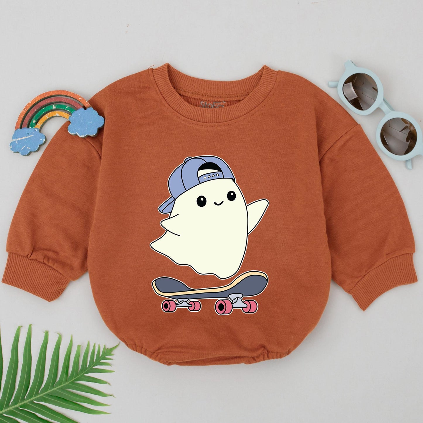 Ghostly Skateboard Baby Romper: First Halloween Outfit for Boys