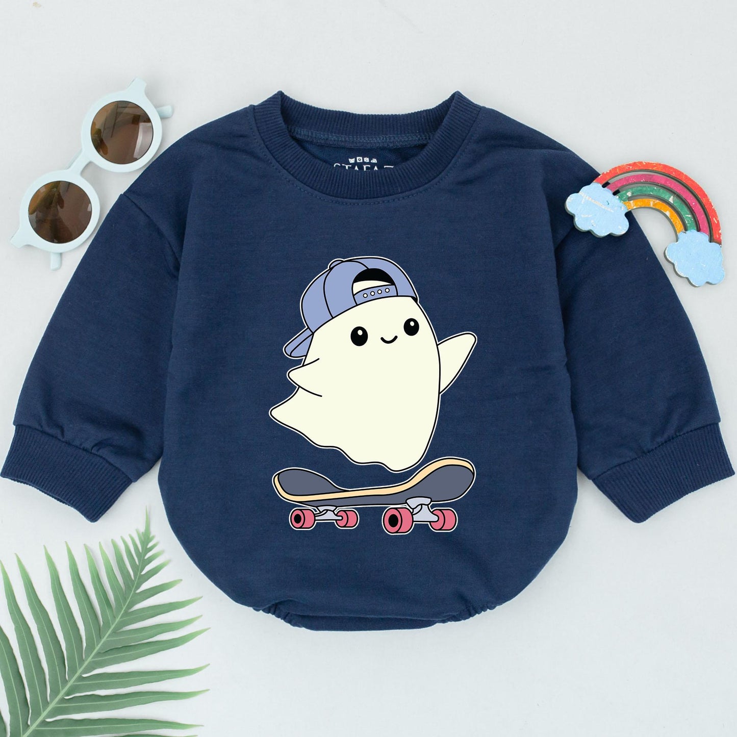 Ghostly Skateboard Baby Romper: First Halloween Outfit for Boys