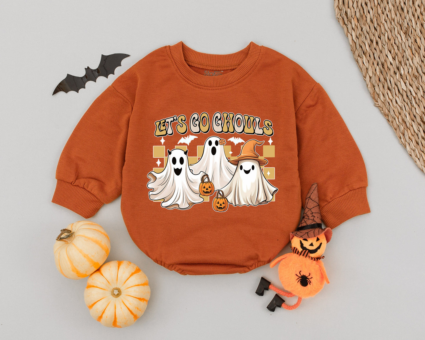 Let's Go Ghouls Baby Romper Funny Halloween Ghost Outfit, Vintage Checkered Fall Toddler Clothes, Spooky Cute Infant Bodysuit, First Halloween Gift (139 chars)