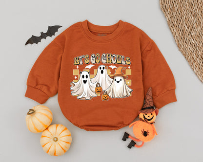 Let's Go Ghouls Baby Romper Funny Halloween Ghost Outfit, Vintage Checkered Fall Toddler Clothes, Spooky Cute Infant Bodysuit, First Halloween Gift (139 chars)