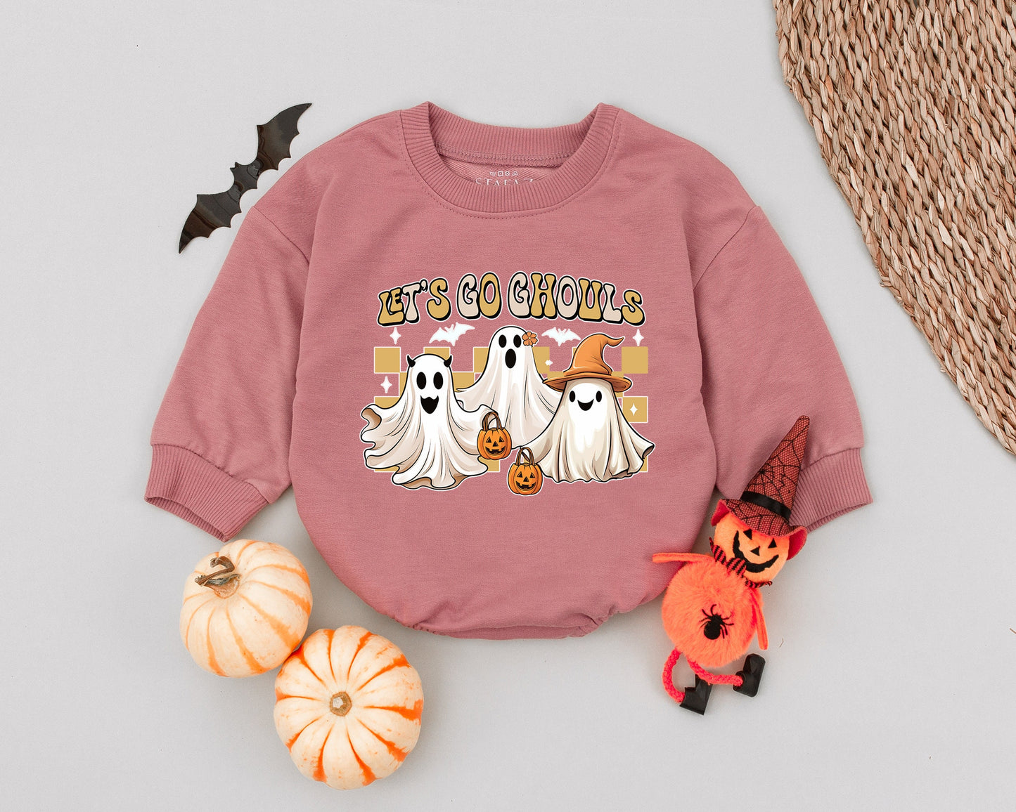 Let's Go Ghouls Baby Romper Funny Halloween Ghost Outfit, Vintage Checkered Fall Toddler Clothes, Spooky Cute Infant Bodysuit, First Halloween Gift (139 chars)