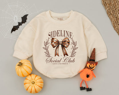 Vintage Football Bow Baby Romper Sideline Social Club Outfit Autumn Game Day Clothes Girl Bodysuit Newborn Fall Shower Gift Brown Starbursts 139