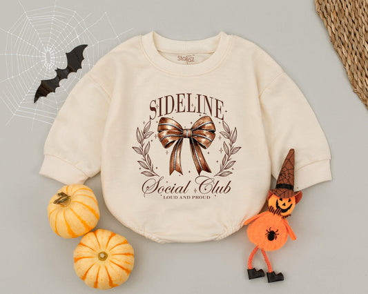 Vintage Football Bow Baby Romper Sideline Social Club Outfit Autumn Game Day Clothes Girl Bodysuit Newborn Fall Shower Gift Brown Starbursts 139