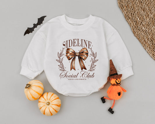 Vintage Football Bow Baby Romper Sideline Social Club Outfit Autumn Game Day Clothes Girl Bodysuit Newborn Fall Shower Gift Brown Starbursts 139