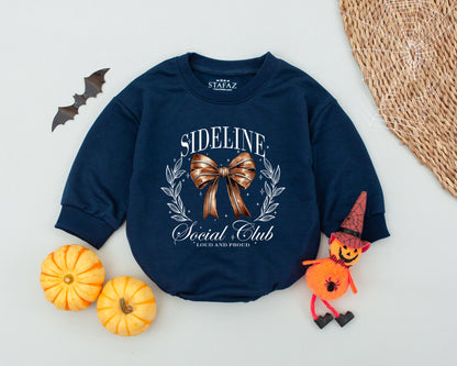Vintage Football Bow Baby Romper Sideline Social Club Outfit Autumn Game Day Clothes Girl Bodysuit Newborn Fall Shower Gift Brown Starbursts 139