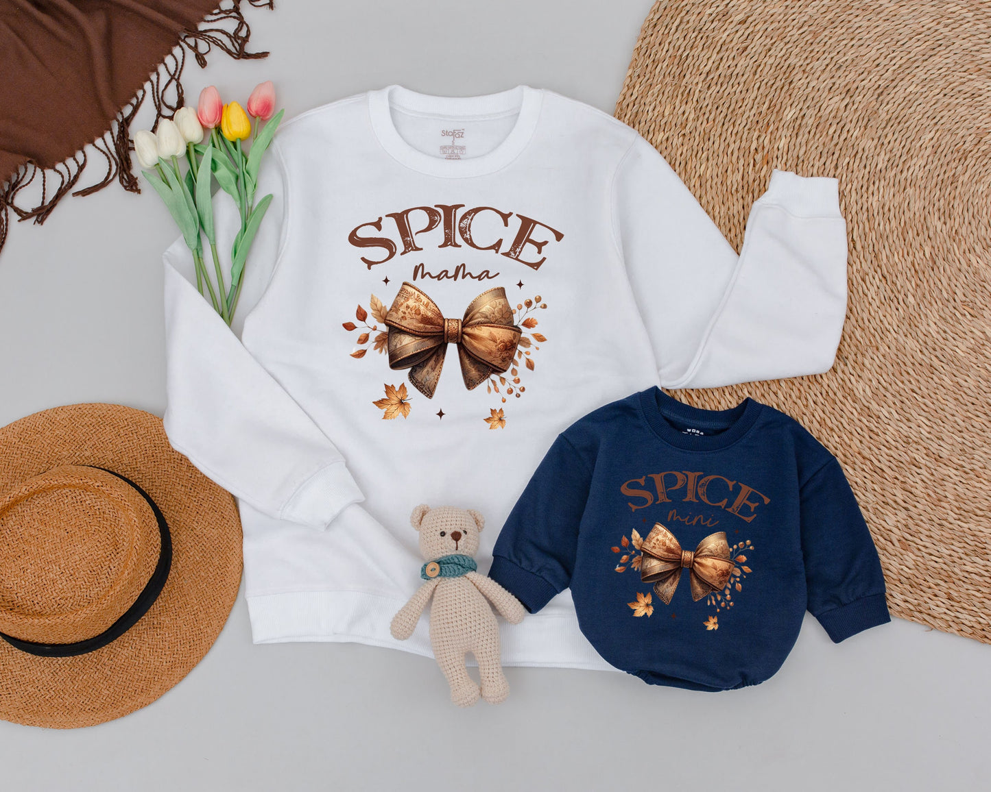 Matching Retro Fall Outfits: Spice Mama & Mini Pumpkin Sweaters