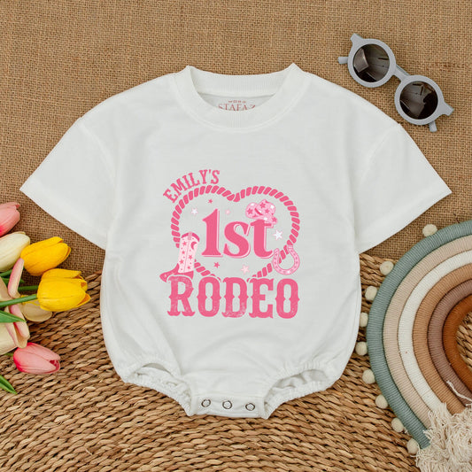 Emily's 1st Rodeo Birthday Romper: Personalized Cowgirl Outfit, Western First Birthday Bodysuit for Baby Girl, Rodeo Party Clothes, Country Style (137 chars)