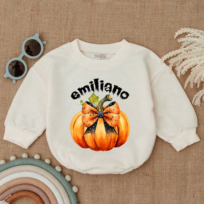 Emiliano Pumpkin Halloween Romper Baby Girl Outfit My First Halloween Star Ribbon Whimsical Bodysuit Costume, Orange Baby Clothes 1st Outfit