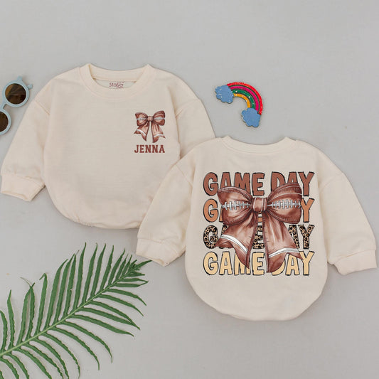 Personalized Baby Girl Football Romper - Natural Bubble Game Day Outfit