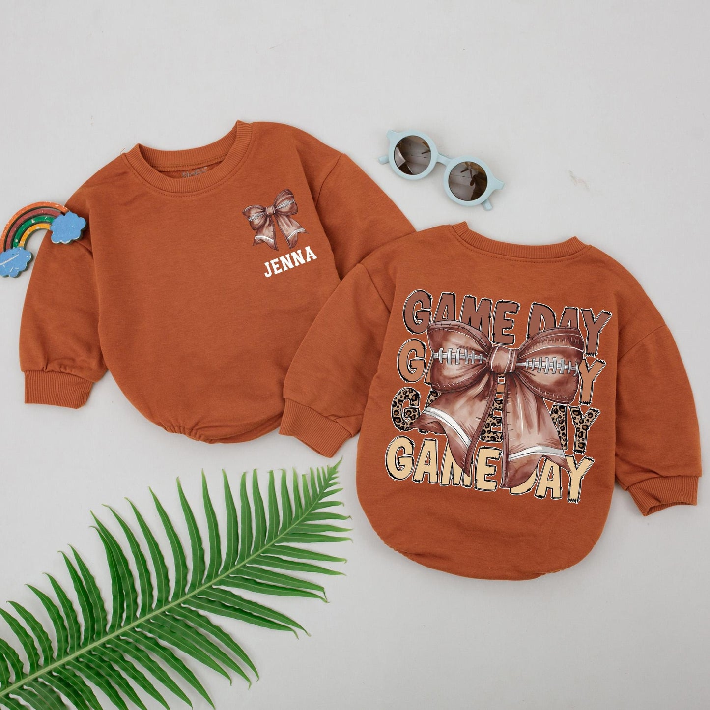 Personalized Baby Girl Football Romper - Natural Bubble Game Day Outfit
