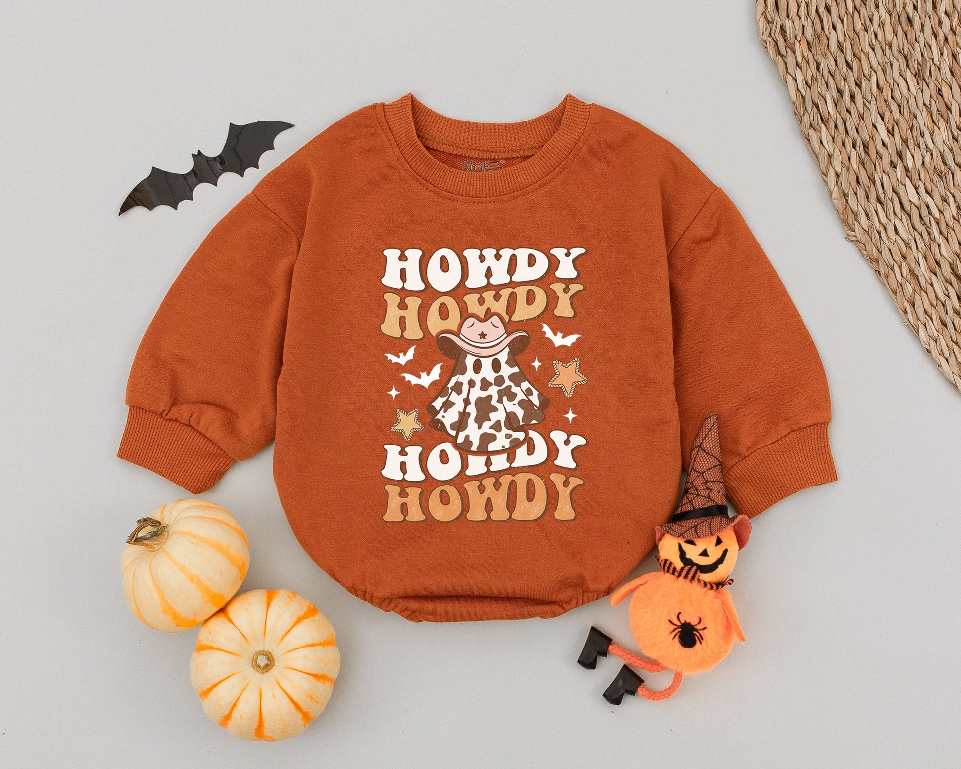 Howdy Ghoul Baby Romper Retro Ghost Cowboy Halloween Outfit First Birthday Bodysuit Tan Brown Vintage