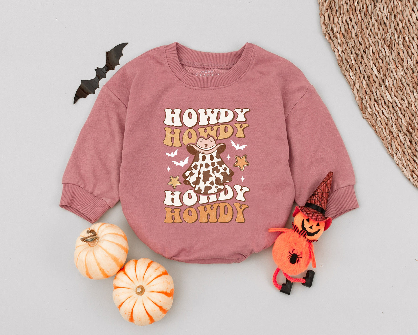 Howdy Ghoul Baby Romper Retro Ghost Cowboy Halloween Outfit First Birthday Bodysuit Tan Brown Vintage