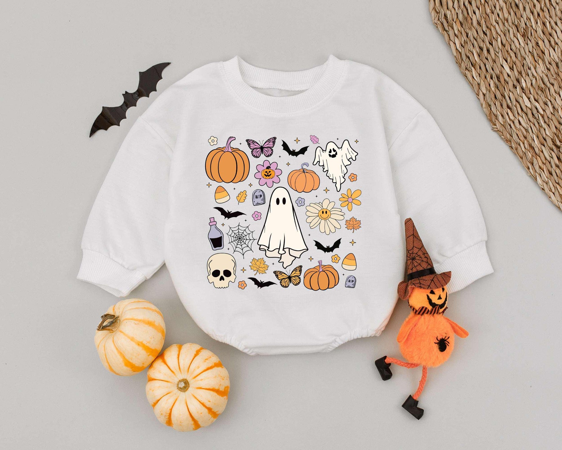 Retro Ghost Halloween Romper: 1st Baby Outfit & Toddler Sweatshirt