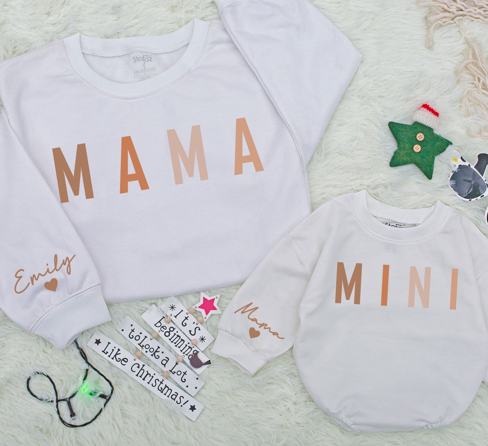 Mama and Mini Matching Fall Sweaters, Custom Name Sleeve, Thanksgiving Outfit, Earth Tone Mom and Baby Set, Personalized Fall Family Gift 139