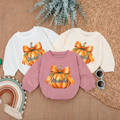 Baby's First Thanksgiving Romper with Pumpkin Bow - Festive Outfit