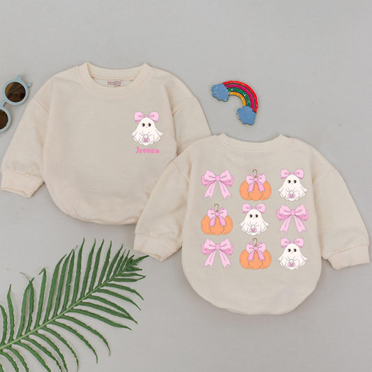Personalized Halloween Ghost Romper Baby Girl First Halloween Pink Bow Outfit Cute Cartoon Pumpkin Baby Shower Gift Newborn Spooky Boo Season