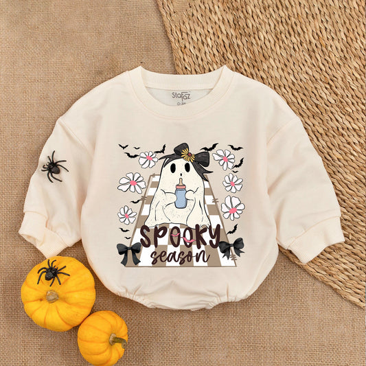 Cute Baby Boo Spooky Season Romper Ghost First Thanksgiving Outfit Fall Infant Bodysuit with Bottle Bow and Bat Details for Baby Shower Gift