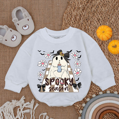 Cute Baby Boo Spooky Season Romper Ghost First Thanksgiving Outfit Fall Infant Bodysuit with Bottle Bow and Bat Details for Baby Shower Gift