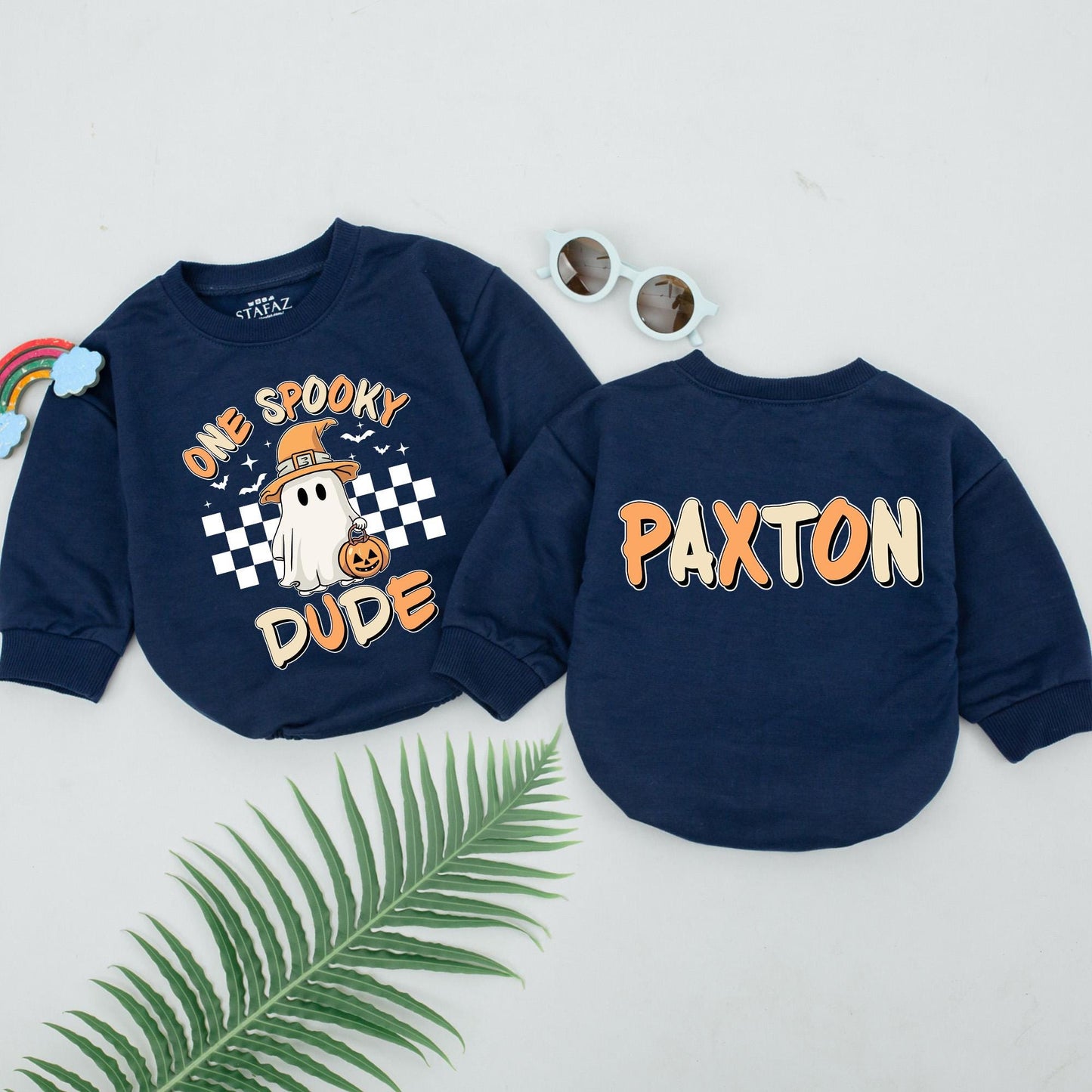 Personalized One Spooky Dude Baby Romper Retro Ghost Halloween Outfit Boys Gift Fun Orange Yellow Black