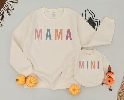 Mama and Mini Matching Sweatshirts Stacked Colorful Letters Mom Daughter Cozy Fall Halloween Thanksgiving Outfit Modern Retro Style