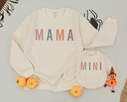 Mama and Mini Matching Sweatshirts Stacked Colorful Letters Mom Daughter Cozy Fall Halloween Thanksgiving Outfit Modern Retro Style