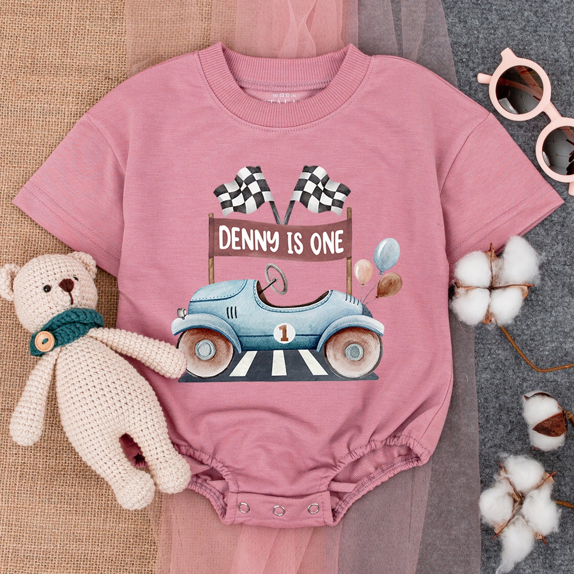 Race Car 1st Birthday Romper - Personalized Baby Boy Party Outfit