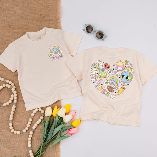 Personalized Back to School Shirt for Kids: Rainbow & Floral Design + Custom Name, 1st & 2nd Grade Elementary School Tee