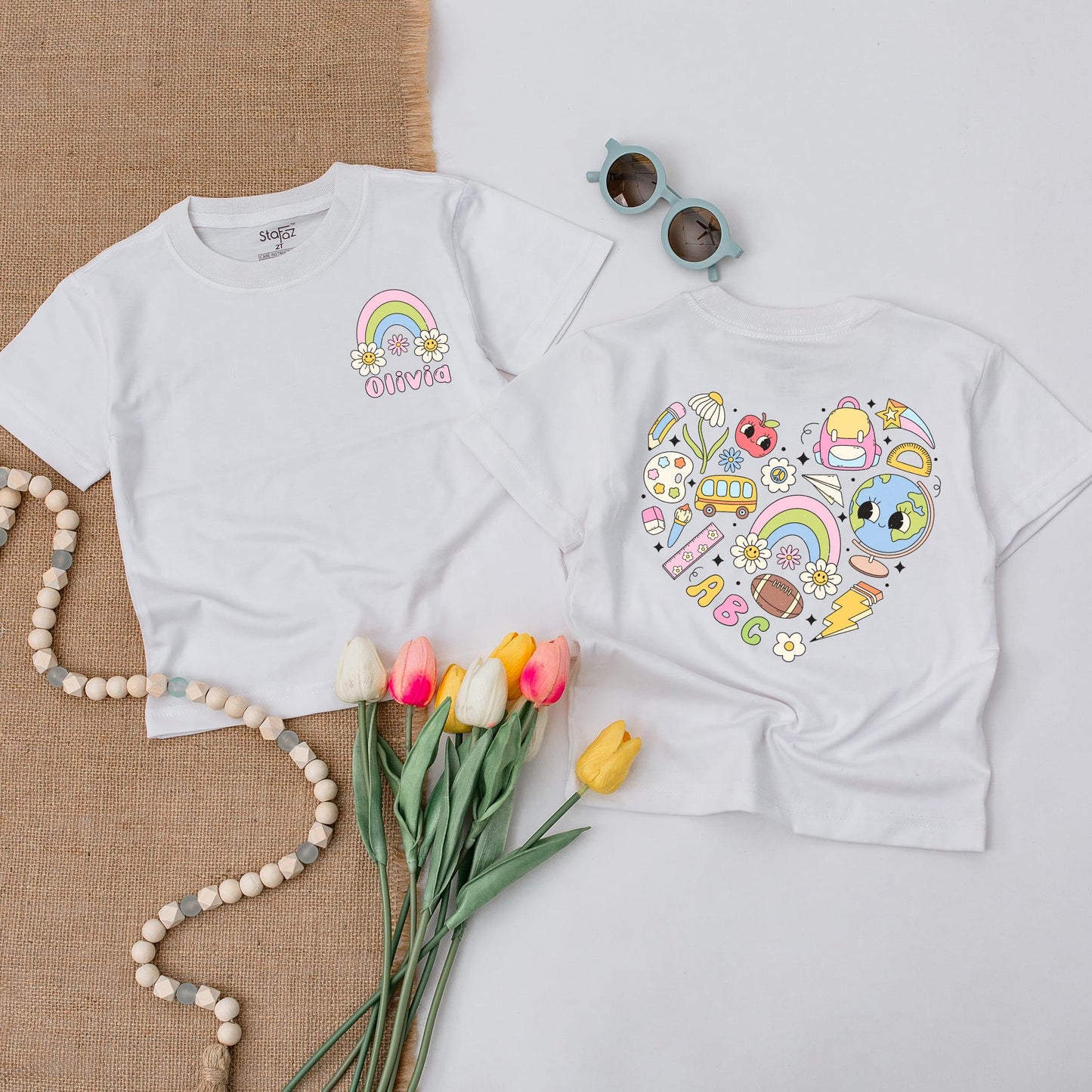 Personalized Back to School Shirt for Kids: Rainbow & Floral Design + Custom Name, 1st & 2nd Grade Elementary School Tee