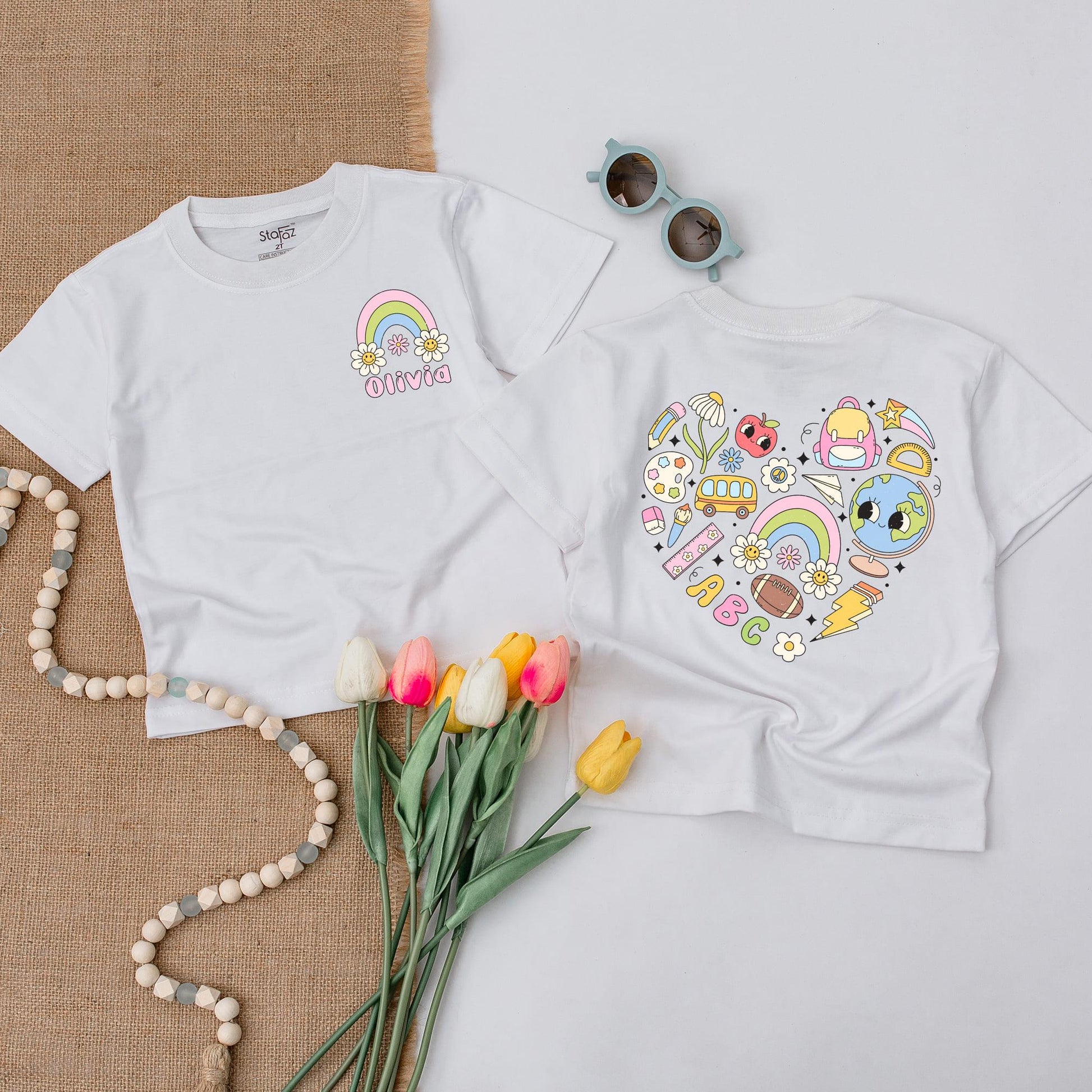 Personalized Back to School Shirt for Kids: Rainbow & Floral Design + Custom Name, 1st & 2nd Grade Elementary School Tee