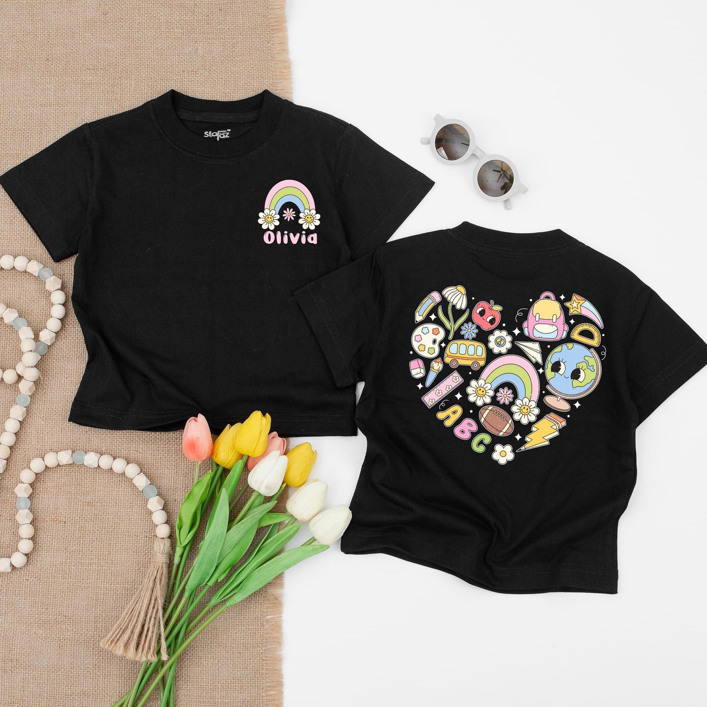 Personalized Back to School Shirt for Kids: Rainbow & Floral Design + Custom Name, 1st & 2nd Grade Elementary School Tee