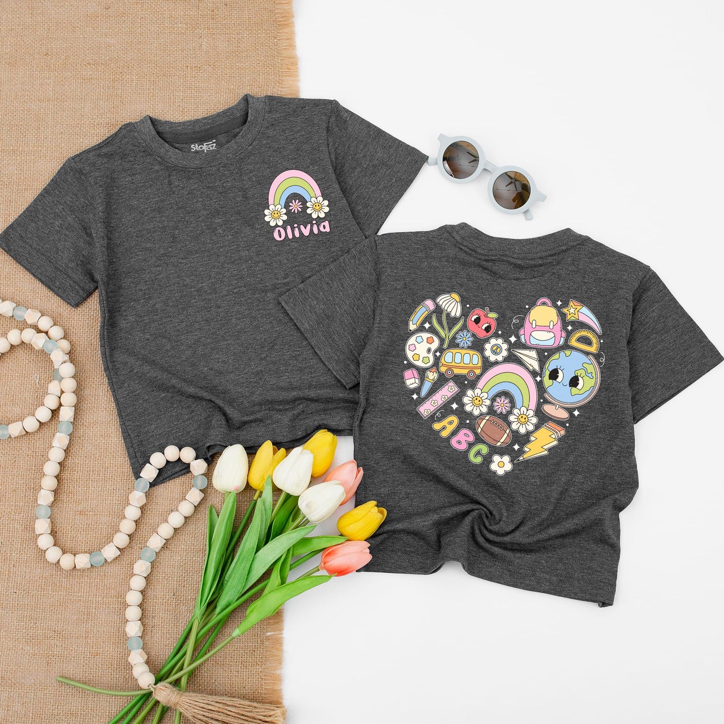 Personalized Back to School Shirt for Kids: Rainbow & Floral Design + Custom Name, 1st & 2nd Grade Elementary School Tee