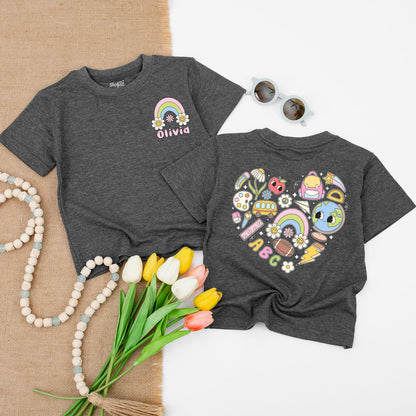 Personalized Back to School Shirt for Kids: Rainbow & Floral Design + Custom Name, 1st & 2nd Grade Elementary School Tee