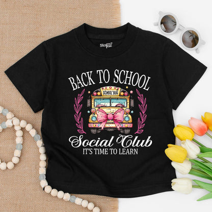 Back To School Social Club Shirt Whimsical School Bus Pink Bow First Day Elementary Kindergarten Toddler PreK Learning Stars Leaves "School Bus"