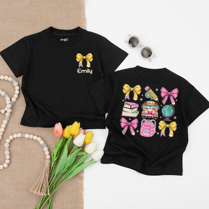 Personalized Back to School Shirt Cute Pencil & School Bus Design First Day of School Elementary & Kindergarten Gift