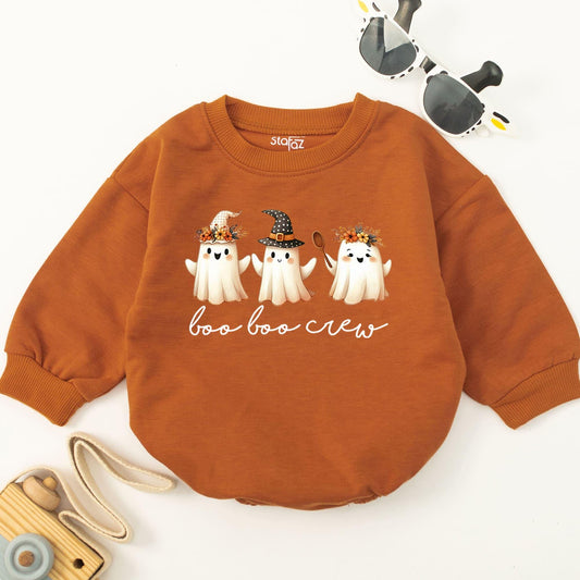 Boo Boo Crew Baby Romper Cute Halloween Ghosts Witch Hat Floral Crown "boo boo crew" Text Cozy Fall Baby Outfit Infant Bodysuit