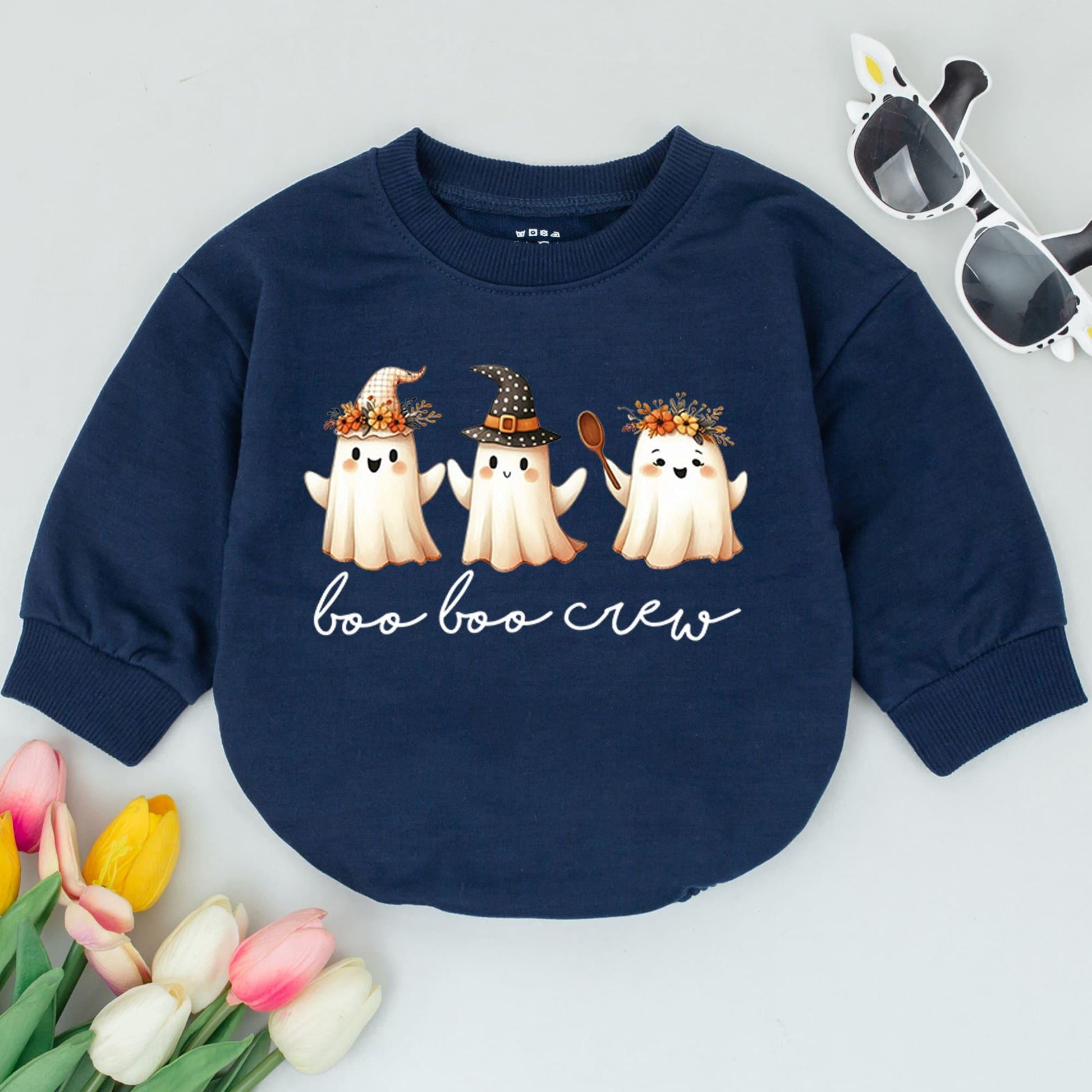 Boo Boo Crew Baby Romper Cute Halloween Ghosts Witch Hat Floral Crown "boo boo crew" Text Cozy Fall Baby Outfit Infant Bodysuit