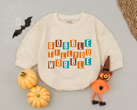Gobble Til You Wobble Baby Romper Brown Teal Orange Grid Cute Thanksgiving Outfit First Thanksgiving Toddler Clothes Fall Baby Clothes