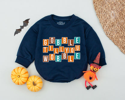 Gobble Til You Wobble Baby Romper Brown Teal Orange Grid Cute Thanksgiving Outfit First Thanksgiving Toddler Clothes Fall Baby Clothes