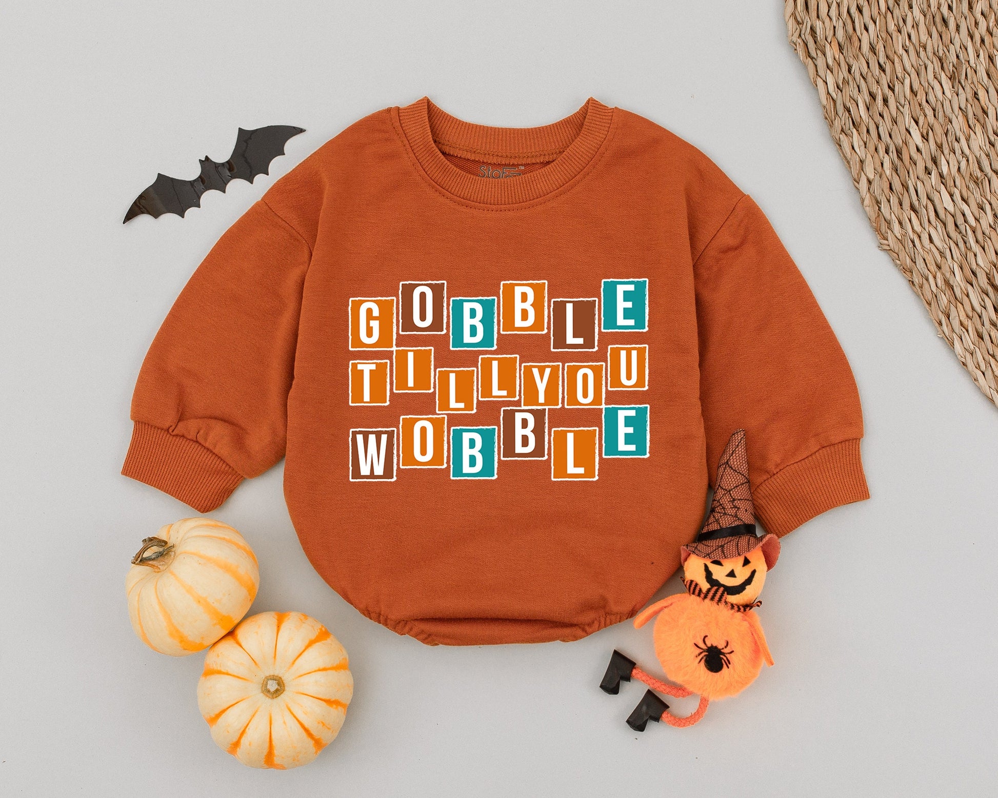 Gobble Til You Wobble Baby Romper Brown Teal Orange Grid Cute Thanksgiving Outfit First Thanksgiving Toddler Clothes Fall Baby Clothes