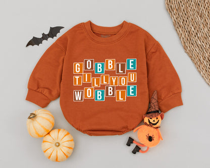 Gobble Til You Wobble Baby Romper Brown Teal Orange Grid Cute Thanksgiving Outfit First Thanksgiving Toddler Clothes Fall Baby Clothes