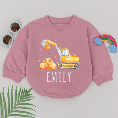 Custom Pumpkin Excavator Romper for Baby's First Thanksgiving