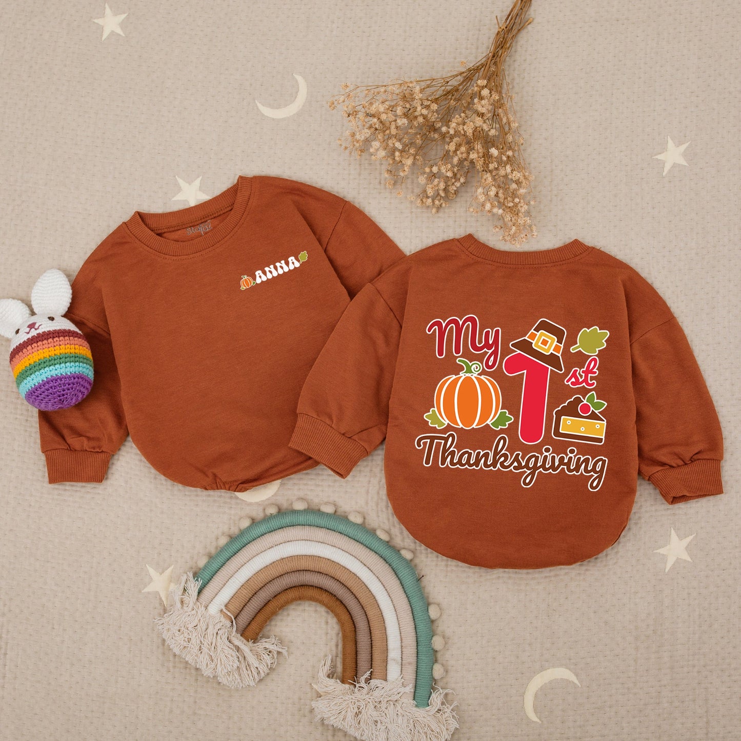 Custom My First Thanksgiving Baby Romper - Pumpkin Turkey Outfit